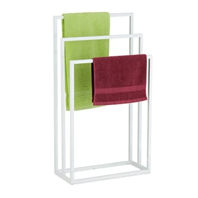 Image of Relaxdays Rack, 3 Rails, H x W D: 82.5 46 21 cm, Standing Towel Holder, Steel, White