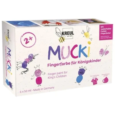 Image of Kreul Mucki 23051 Finger Paint for King&#039;s Children, 6 x 50 ml in White, Fairy Dust Pink, Purple, Blue, Gold Treasure, Paraben Free, Gluten Lactose Vegan, Washable
