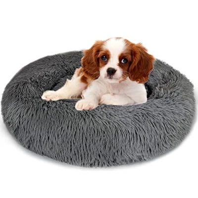 Image of Enjamoy Plush Donut Dog Bed, Calming Round Cat Bed Soft and Fluffy Cuddler Pet Cushion Self Warming Puppy Beds Machine Washable, Dark Grey 60cm