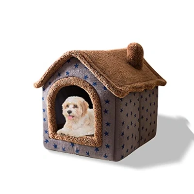 Image of Galatée Cat Cave Bed, Washable Dog Warm And Cosy Plush Igloo, Foldable Comfortable Pet House, Bed With Nonskid Bottom(M, Brown Stars)