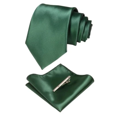 Image of JEMYGINS Dark Green Tie and Pocket Square With Clip Sets for Men (13)