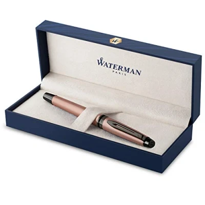 Image of Waterman Expert Fountain Pen Metallic Rose Gold Lacquer With Ruthenium Trim Fine PVD Coated Stainless Steel Nib Blue Ink Gift Box