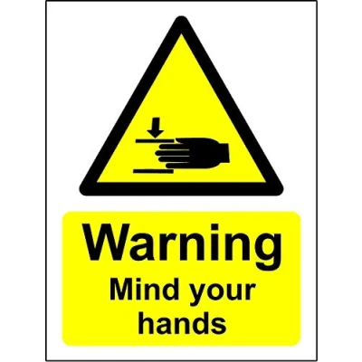 Image of Warning mind your hands hazard safety sign 1.2mm Rigid plastic 150mm x 100mm