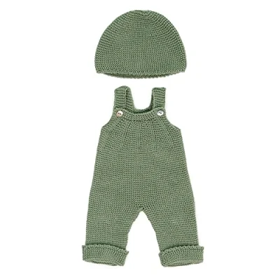 Image of MINILAND Dolls: Knitted Doll outfit 38cm Overall &amp; Beanie hat, made of recycled materials, for Baby doll. Model: hat in green.