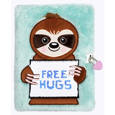 Image of Fringoo Secret Diary for Girls Plush &amp; Reversible Sequins Funny Design with Padlock + Bookmark Weekly Planner Notebook A5 Unicorn Lockable 96 Pages (Free Hugs Sloth)