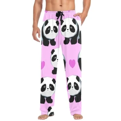 Image of Linomo Mens Pyjama Bottoms Cute Panda Love Heart Pyjamas Loungewear 100% Cotton Trouser Nightwear PJs Pants for Men Boys