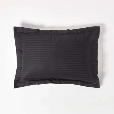 Image of HOMESCAPES Black Pure Egyptian Cotton Oxford Pillowcase Standard Size 330 TC 500 Thread Count Percale Equivalent Satin Stripe Pillow Case Pack of 2