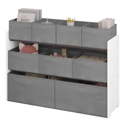 Image of Lestarain Kids Storage Unit with 9 Toy Boxes, Box Rack Organiser Playroom Bedroom White+Grey, MDF+Fabric, 92x30x60/68cm