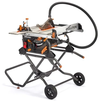 Image of Evolution Power Tools R255TBLX+ Table Saw With Stand (Next Gen Rage 5 S) Multi Material Cutting Blade Included Cuts Wood Metal Plastic, 45˚ Bevel, +/ 60˚ Mitre Angle, 85mm Cut Depth, 1800w Motor 240v