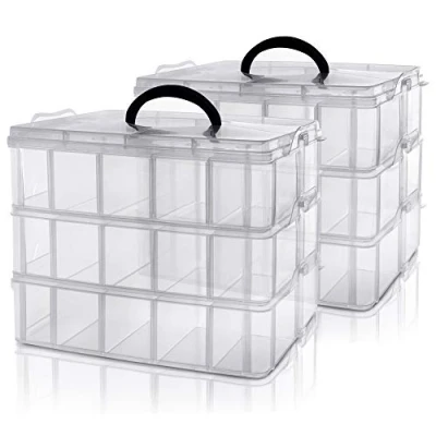 Image of Kurtzy 3 Tier Craft Storage Box with 30 Compartments (2 Pack) Plastic Organiser for Medicine, Supplies, Beads, Jewellery, Lego and Hair Accessories
