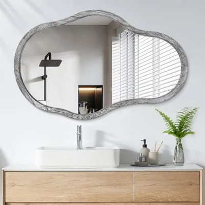 Image of Asymmetrical Large Mirrors for Wall Unique Shaped Wood Frame Mounted Mirror Modern Black Irregular Wavy Hanging Home Living Room Bedroom Bathroom Decorative Entryway Hallway