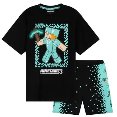 Image of Minecraft Boys Short Pyjamas Set, Comfy Cotton Lounge Wear Gifts for Gamers (Black/Blue, 11 12 Years)