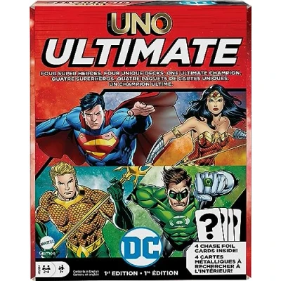 Image of Mattel Games UNO Ultimate DC Card Game for Kids, Fans, Adults &amp; Familiy Night with 4 Character Decks, Collectible Foil Cards Special Rules