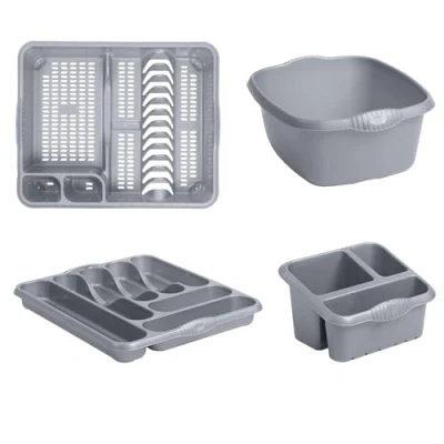 Image of Homey Mart 4 Piece Kitchen Sink Set, Dish Drainer, 39cm Washing Bowl, Cutlery Tray and Tidy, Grey/Silver