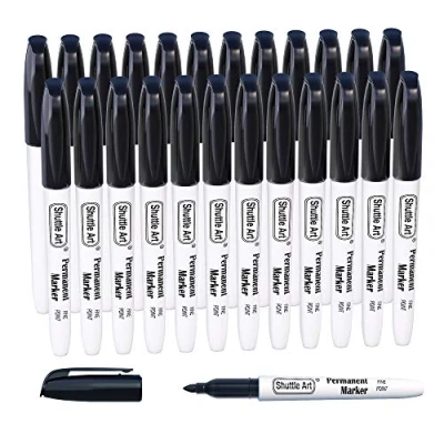 Image of Shuttle Art Black Permanent Markers, 24 Pack Fine Point Marker Pens Set, Perfect on Plastic, Wood, Stone, Metal and Glass for Doodling, Colouring, Marking, Office School Supplies