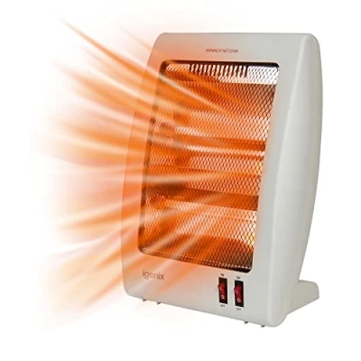 Image of Igenix IG9509 Portable Upright Halogen Electric Heater, 2 Bar Quartz Electrical Safety Tip Over Switch, 800 W, White