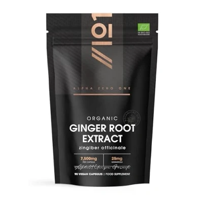 Image of Organic Ginger Extract 7500mg High Strength 5% Gingerols (12.5mg) Supplement 90 Vegan Capsules (3 Months Supply) Resealable and Recyclable Pouch by Alpha01