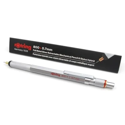 Image of Rotring 800+ Mechanical Pencil With Touchscreen Stylus 0.7mm Unique Twist &amp; Click Action Silver Metal Barrel Gift Boxed