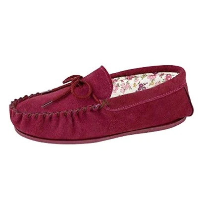 Image of Ladies Real Suede Leather Moccasin with Hardwearing Sole (5 UK, Crimson Red)