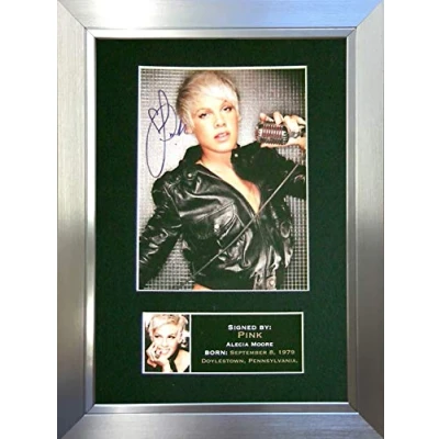 Image of PINK Signed Autograph Mounted Photo Reproduction PRINT A4 Rare Perfect Present Birthday Christmas (297 x 210mm) #230 (Silver Frame)