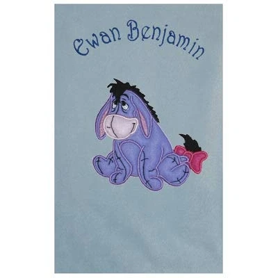 Image of Oh Sew Simple Eeyore Personalised Disney Applique Super Soft Fleece Baby Blanket Choice of Colours Available at CUSTOMISATION Point