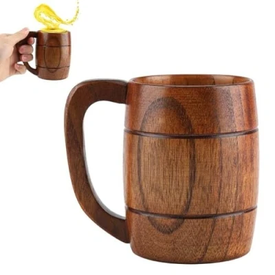 Image of Leinggg Natural Wood Beer Mug with Handle, Wooden Drinking Cup Handle for Oktoberfest Beerfest, Home, Office