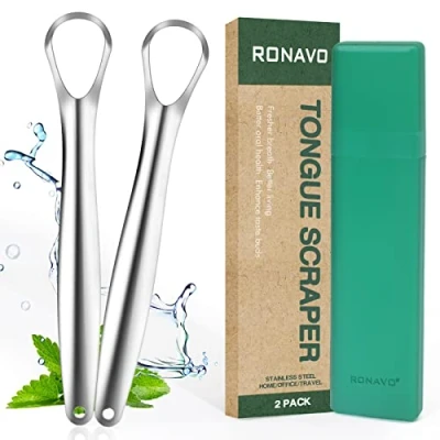 Image of RONAVO Tongue Scraper with Travel Cases for Adults &amp; Kids, Easy to Use, Stainless Steel (Medical Grade), Fights Bad Breath, Healthy Oral Care, Cleaners Small Mouth(2 Pack)