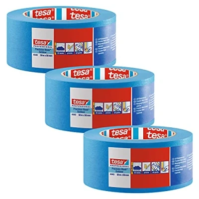 Image of tesa Precision Masking Tape 4440 Outdoor UV PLUS Painter&#039;s Pack of 3 Weather Resistant for Use Precise and Covering Blue 50 m x mm Each
