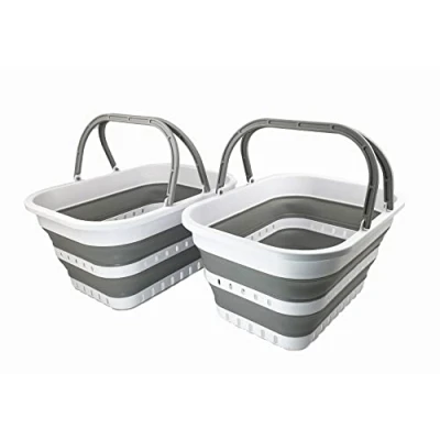 Image of SAMMART 19L Collapsible Tub with Handle Portable Outdoor Picnic Basket/Crater Foldable Shopping Bag Space Saving Storage Container (White/Grey/White(Set of 2))