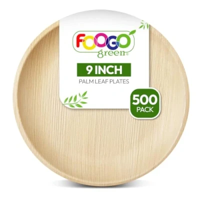 Image of FOOGO Green 500 Disposable Palm Leaf Plates 9&quot;(23cm), Large Round, Eco Friendly Biodegradable compostable Plates, Like Wooden Bamboo Paper for Hot Food Picnic Party