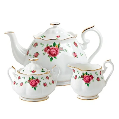 Image of Royal Albert Modern Vintage NCRWTW25823 Teapot, Sugar, Cream 3 Piece Set, NCR, Bone China, 42 Ounces, Country Roses White