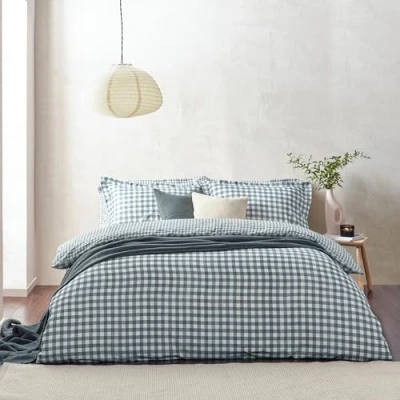 Image of Yard Barton Gingham Check Duvet Cover Set 100% Cotton, Reversible, Oxford Pillowcases, Soft &amp; Breathable Premium Bedding (King Navy)