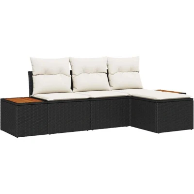Image of vidaXL 4 Piece Garden Sofa Set with Cushions Black Poly Rattan Acacia