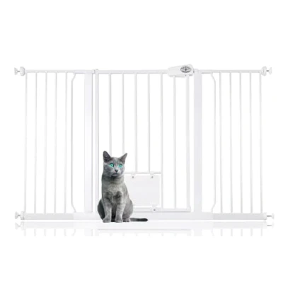Image of Bettacare Pet Gate with Lockable Cat Flap, 139.8cm 147.4cm, White, 75cm in Height, Dog Safety Barrier Easy Installation