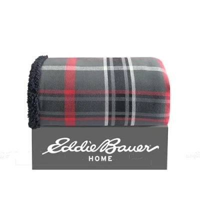 Image of Eddie Bauer Cotton Flannel Home Decor, All Season Reversible Sherpa Bedding, Winslow Charcoal/Red, Throw