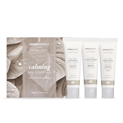 Image of Green People Mini Sensitive Skin Care Set Natural &amp; Organic Calming Facial Kit Cleanser, Anti Ageing Moisturiser SPF15 Cream Travel Size Skincare Routine Vegan Gifts for Women