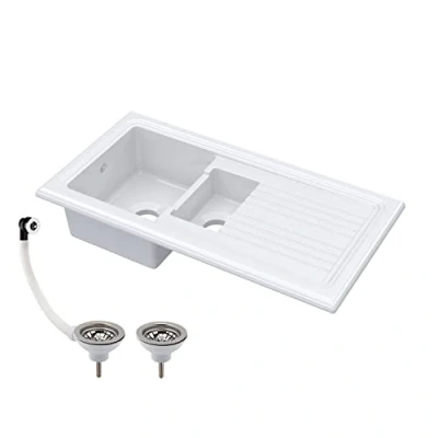 Image of 101cm 1.5 Bowl Fireclay Inset Kitchen Sink, Drainer and Compatible Chrome Wastes White