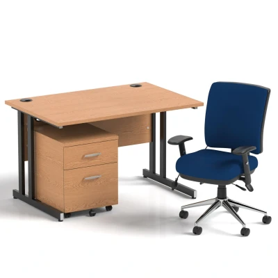Image of Impulse 1200 Desk Oak/Black Cantilever 2 Drawer Mobile Ped Blue Chair