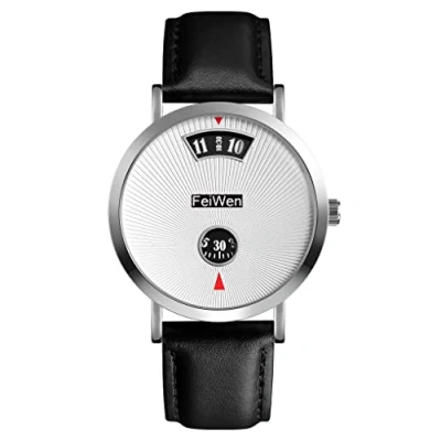 Image of FeiWen Mens Fashion Unique Analog Quartz Watches Simple Design Stainless Steel Case Elegant Wrist Watch (Silver 2)