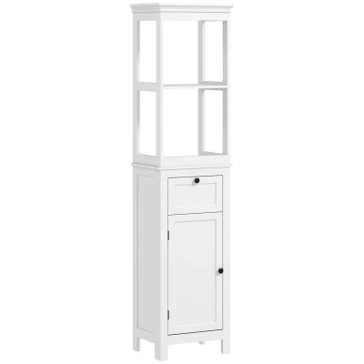 Image of HOMCOM 165cm Tall Bathroom Cabinet, Slim Storage Cabinet with 2 Open Shelves, Soft Close Door and Drawer, Adjustable Shelf, White