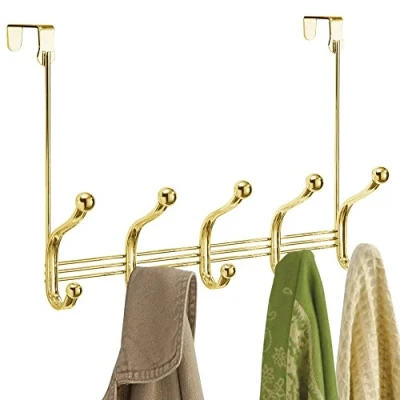 Image of iDesign York Lyra coat rack with 5 double hooks, door for jackets, scarves, bags, towels, etc. made of metal, gold, 39.37 x 13.34 27.94 cm