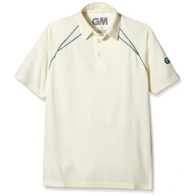 Image of Gunn and Moore Boy&#039;s Teknik Club Short Sleeve Cricket Shirt Cream/Green, Large