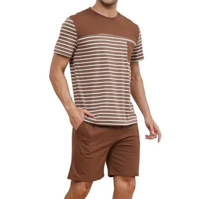 Image of Reliwel Mens Pyjamas Set Cotton Short Sleeve Striped T Shirt and Shorts 2 Piece Round Neck Summer Loungewear Sets Sleepwear Nightwear Pj&#039;s S XXL Brown