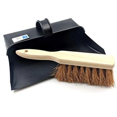 Image of Black Hooded Metal Dust pan and Soft Brush Dustpan ash Traditional