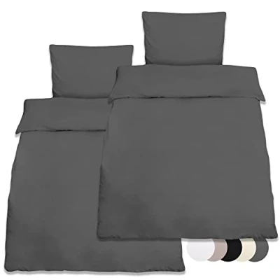 Image of Beautissu Double Bedding Set 155x220 cm Julie 2 Duvet Cover Pillowcases and Blanket Covers 100% Cotton for Bed Anthracite