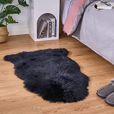 Image of YIHAIC Faux Fur Sheepskin Style Rug,Faux Fleece Fluffy Area Rugs Seat Pad Anti Skid Yoga Carpet for Living Room Bedroom Sofa Floor(Black,50 x 80cm)