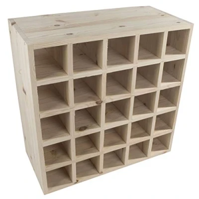 Image of Square Solid Pine Wooden Wine Rack 25 Bottle Capacity Fully Assembled 52 x cm Freestanding Display Cellar Storage Holder Cube Stand Natural Unpainted &amp; Untreated Plain Decorative Wood