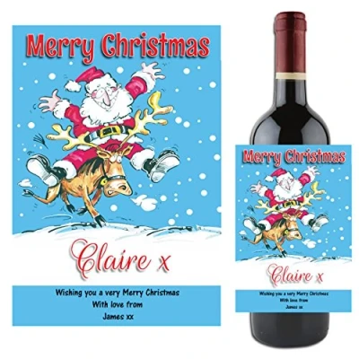 Image of Personalised Merry Christmas Santa Wine Champagne Bottle Label Xmas Stocking Filler Gift Idea for him her N119
