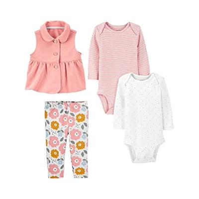Image of Simple Joys by Carter&#039;s Baby Girls&#039; 4 Piece Playwear Set Fashion Vest, Pink/Stripes/White Dots/Floral, 0 Months (Pack of 4)