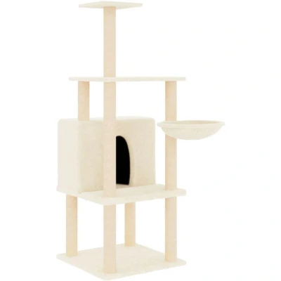 Image of vidaXL Cream Cat Tree with Sisal Scratching Posts, Multi Level Tower House, Basket and Platforms Ideal Entertainment Center